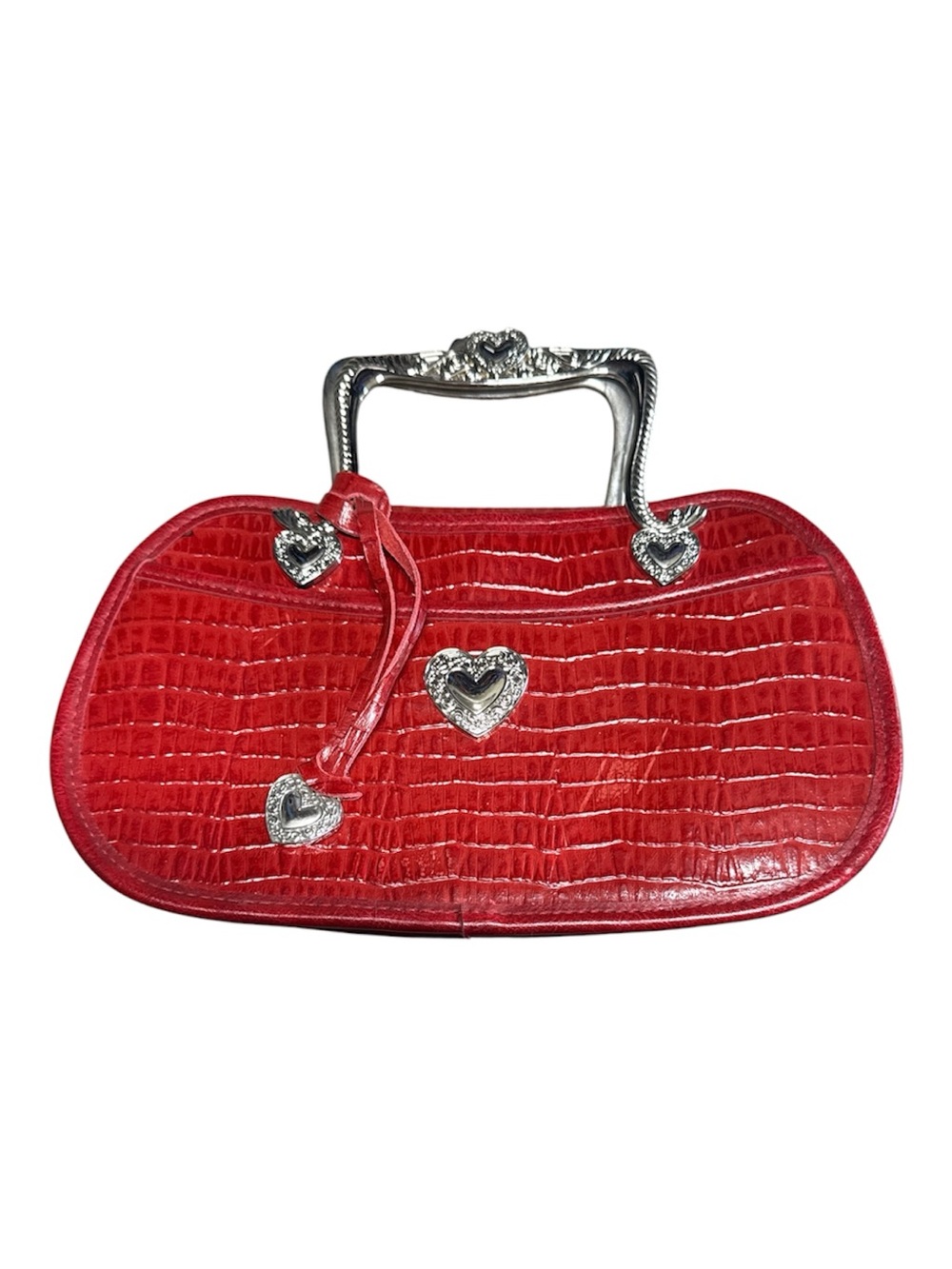 Red Croc-Textured Heart Accent Satchel